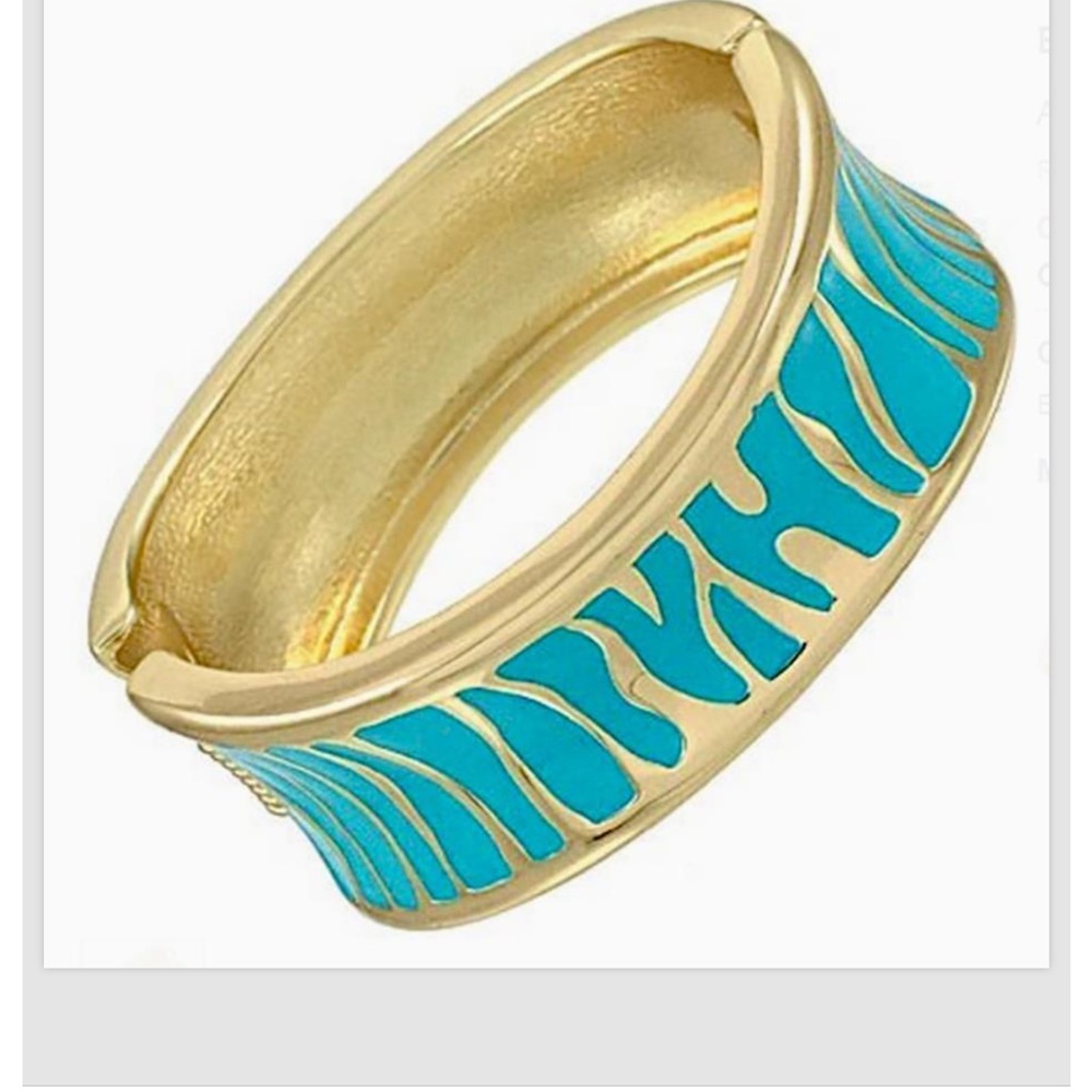 Turquoise Gold Bangle Bracelet Zebra Animal Print Enamel Metal Hinged Women